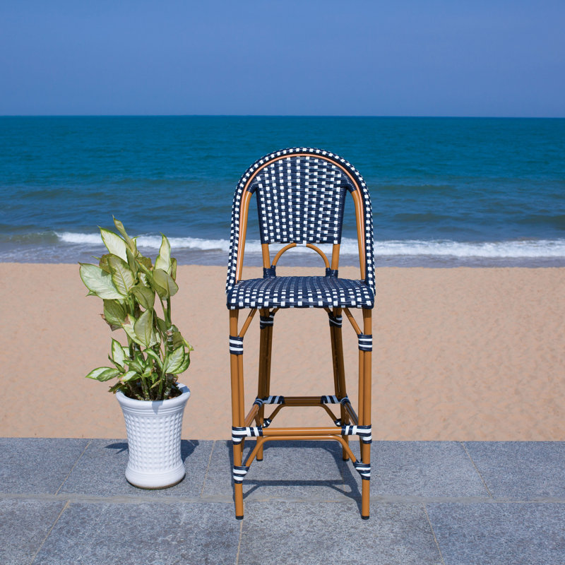 Navy and White Wicker Rattan Outdoor Bar Stool with Aluminum Frame