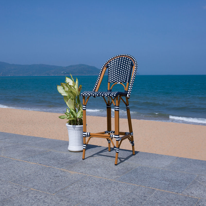 Navy and White Wicker Rattan Outdoor Bar Stool with Aluminum Frame