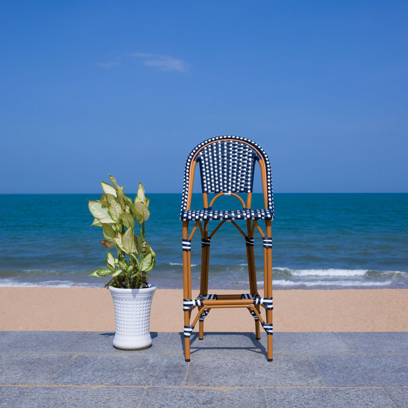 Navy and White Wicker Rattan Outdoor Bar Stool with Aluminum Frame