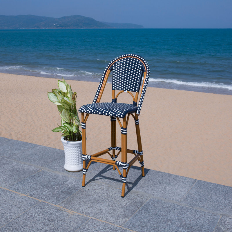 Navy and White Wicker Rattan Outdoor Bar Stool with Aluminum Frame