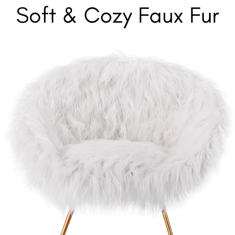 White Faux Fur Papasan Chair with Pale Gold Legs