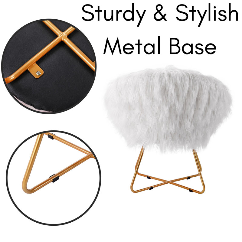 White Faux Fur Papasan Chair with Pale Gold Legs