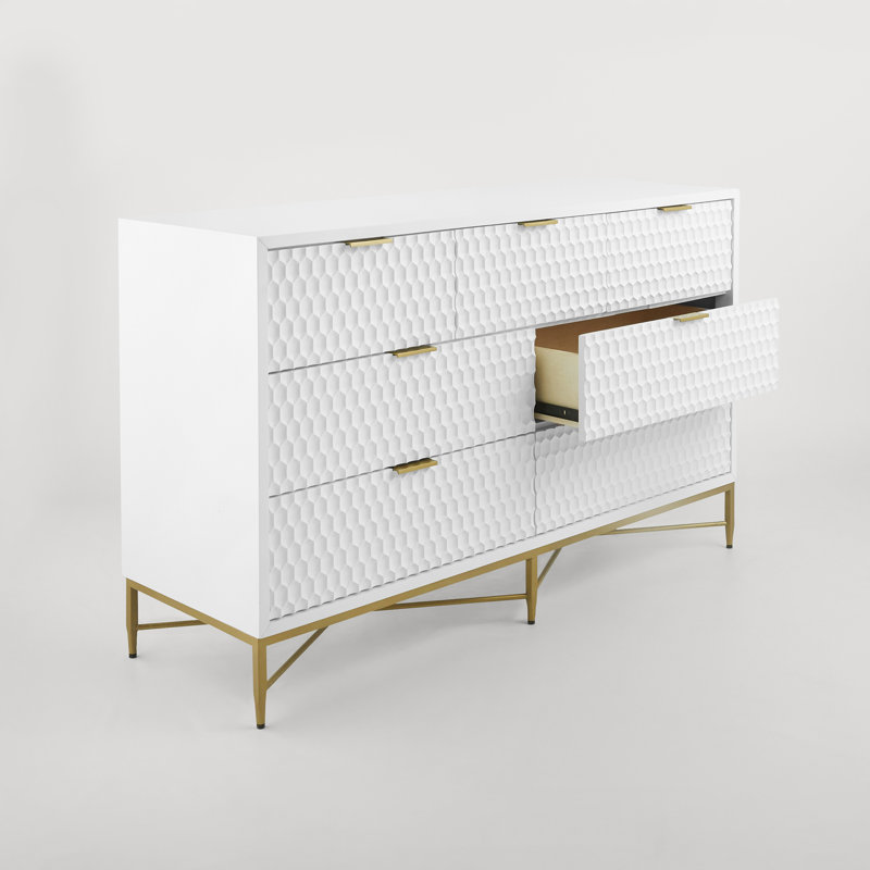 Transitional White Pearl 7-Drawer Dresser with Gold Accents