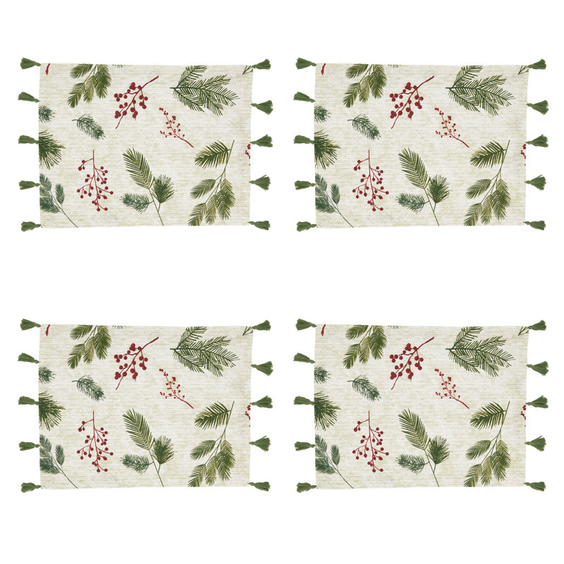 Holiday Pine Needle and Red Berry Cotton Placemats Set