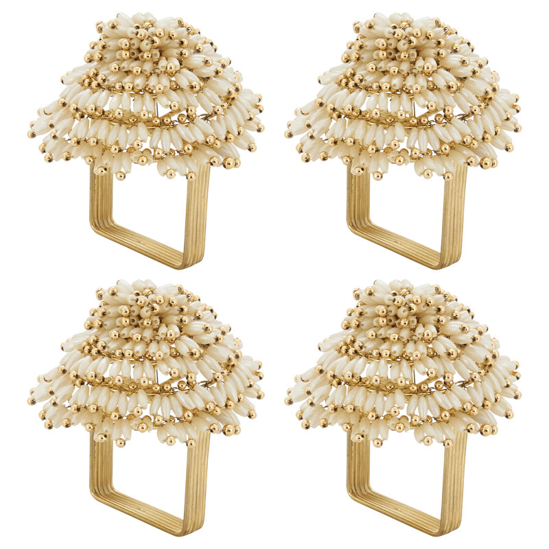 Golden Beaded Design Napkin Ring Holders Set of 4