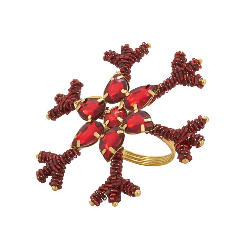 Red Beaded Snowflake Holiday Napkin Rings Set of 4