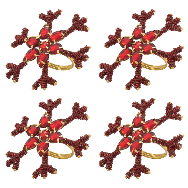 Red Beaded Snowflake Holiday Napkin Rings Set of 4