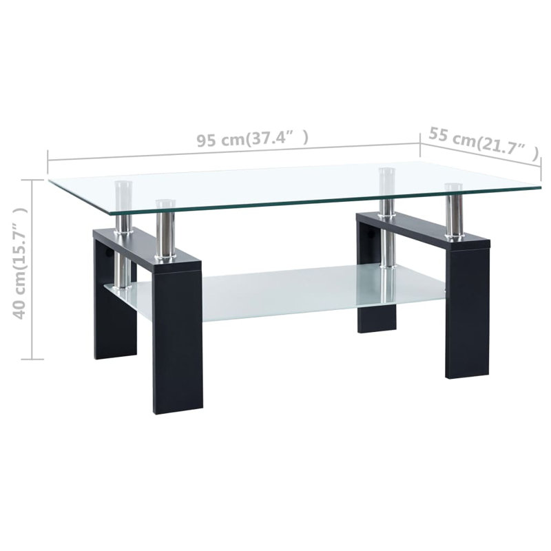 Black Rectangular Glass Coffee Table with Storage Shelf