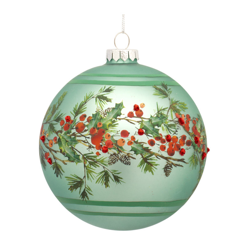 Set of 6 Green Glass Pine and Berry Ball Ornaments