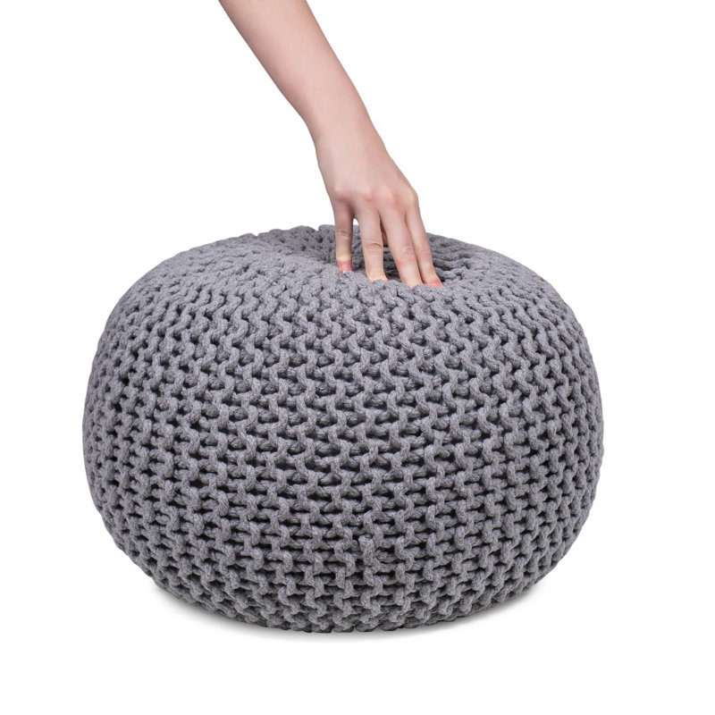 Moroccan Inspired Light Grey Knitted Round Pouf Ottoman