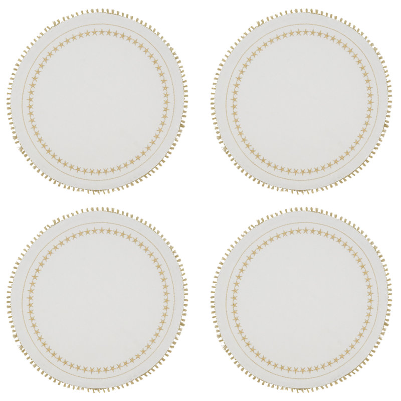 White and Gold Embroidered Stars Tassel Round Placemats, Set of 4