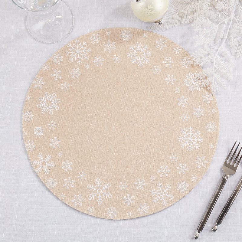 Natural Cotton Round Embroidered Snowflakes Placemats, Set of 4