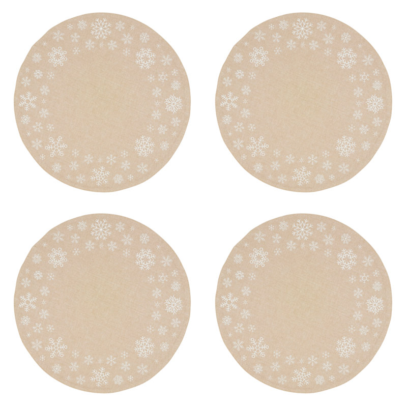 Natural Cotton Round Embroidered Snowflakes Placemats, Set of 4