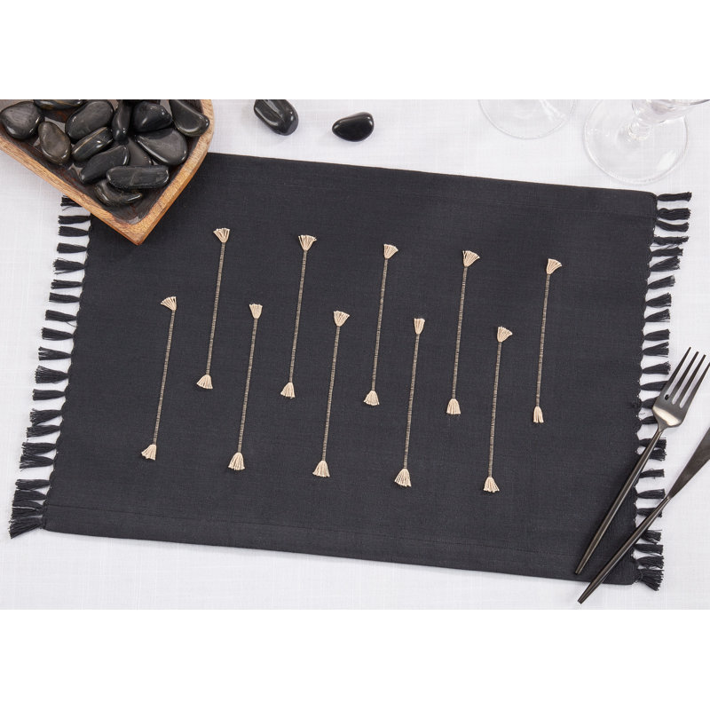 Black Cotton Fringe Border Rectangle Placemats, Set of 4