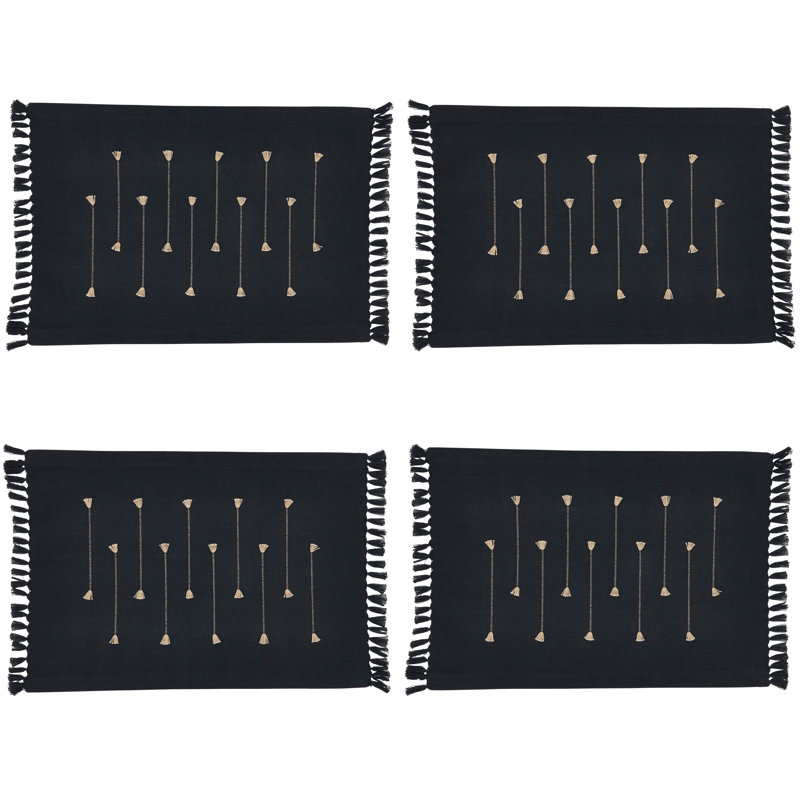 Black Cotton Fringe Border Rectangle Placemats, Set of 4