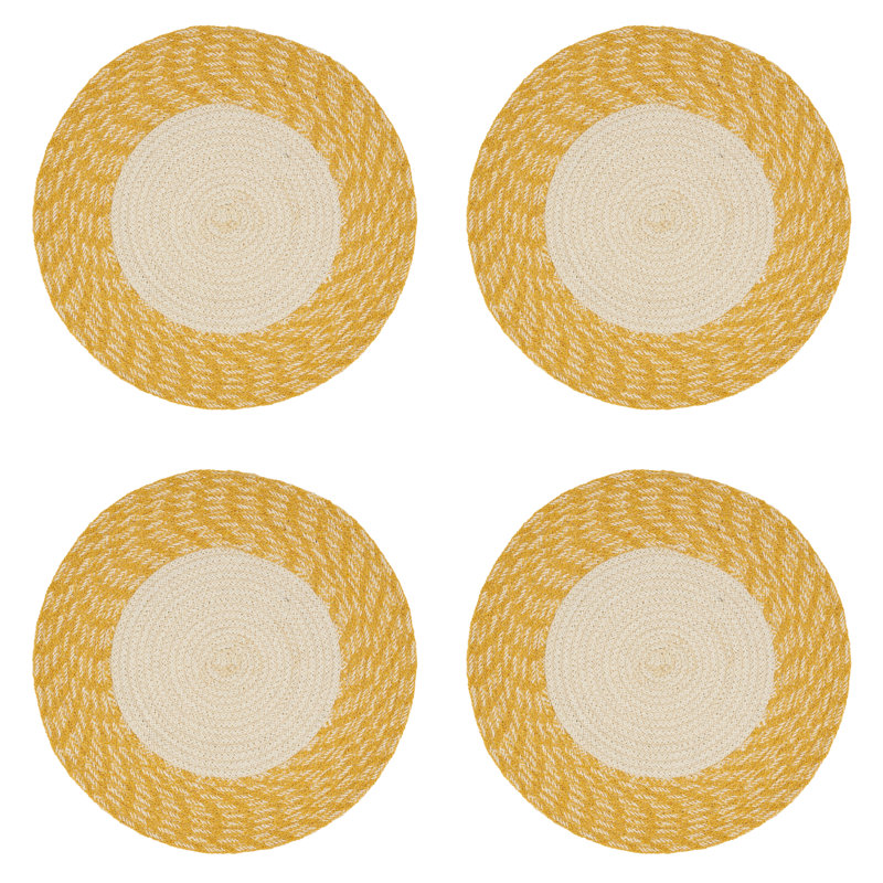 Yellow and Beige Hand Braided Cotton Round Placemats, Set of 4