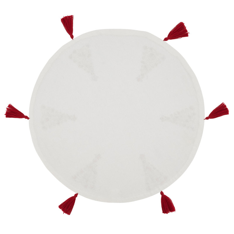 Round White Cotton Placemats with Red Embroidered Christmas Trees, Set of 4
