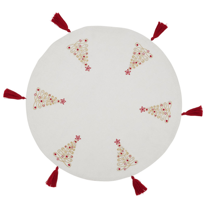Round White Cotton Placemats with Red Embroidered Christmas Trees, Set of 4