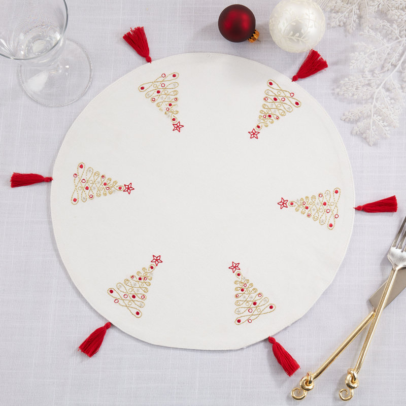 Round White Cotton Placemats with Red Embroidered Christmas Trees, Set of 4