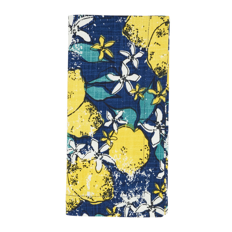 Navy Blue and Yellow Lemon Cotton Cloth Napkins, Set of 4