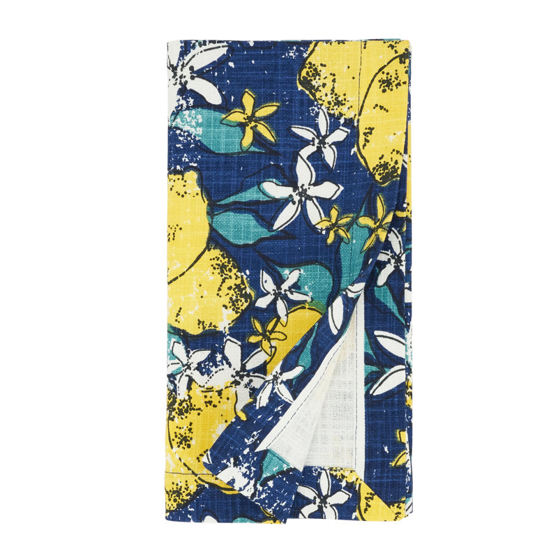 Navy Blue and Yellow Lemon Cotton Cloth Napkins, Set of 4