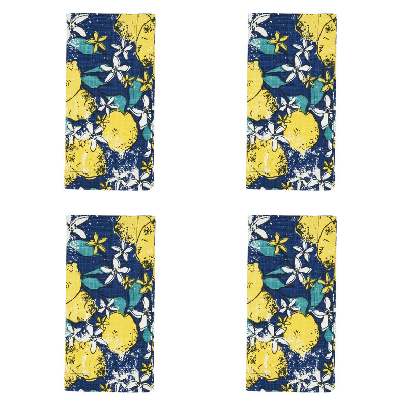 Navy Blue and Yellow Lemon Cotton Cloth Napkins, Set of 4