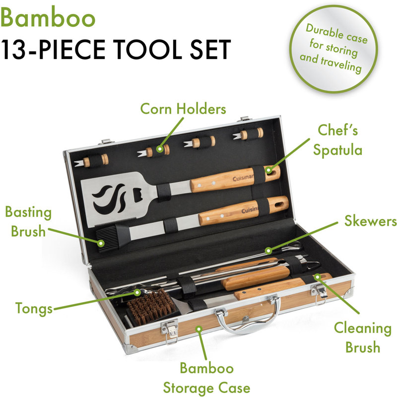 13-Piece Stainless Steel Grill Tool Set with Bamboo Handles