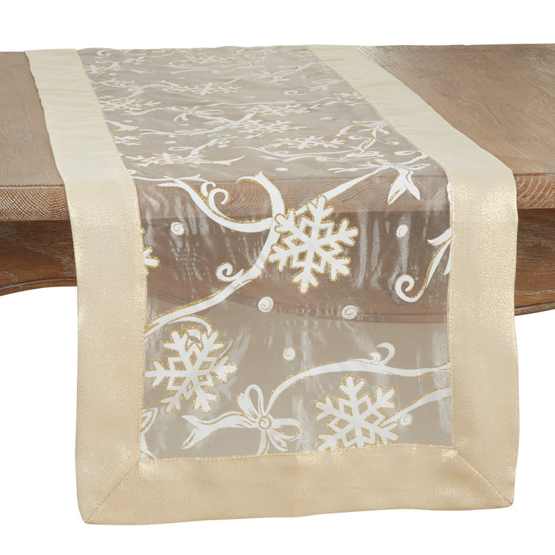 Beige and White Snowflake Polyester Table Runner