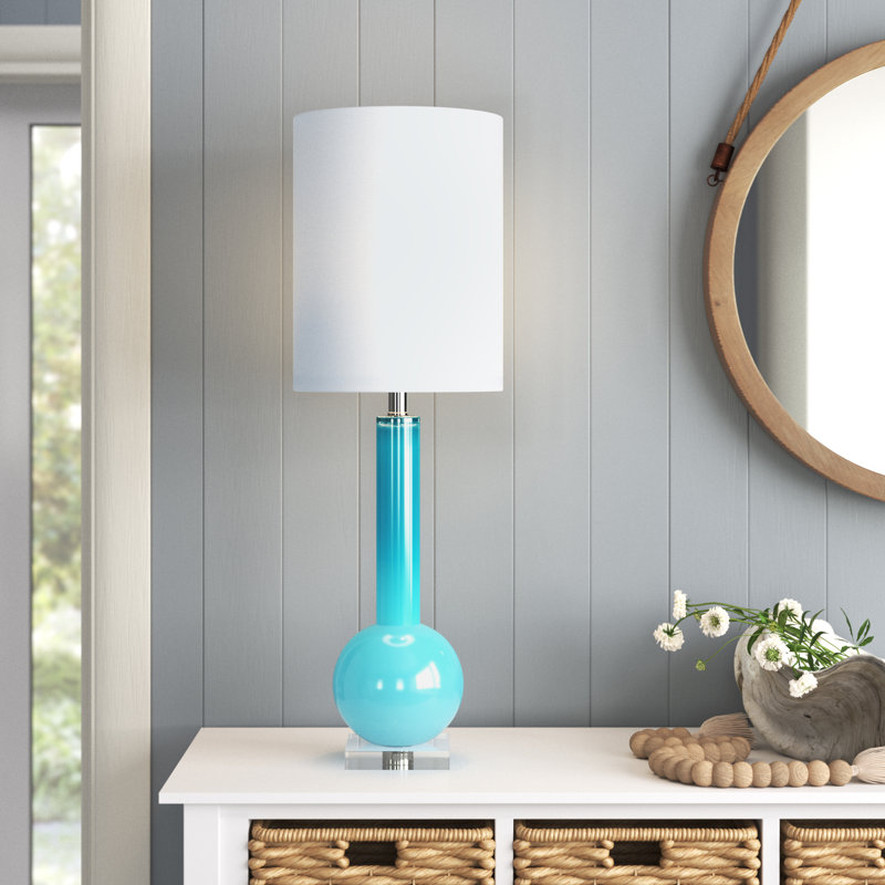 Elegant Blue Glass Stick Table Lamp with White Linen Shade