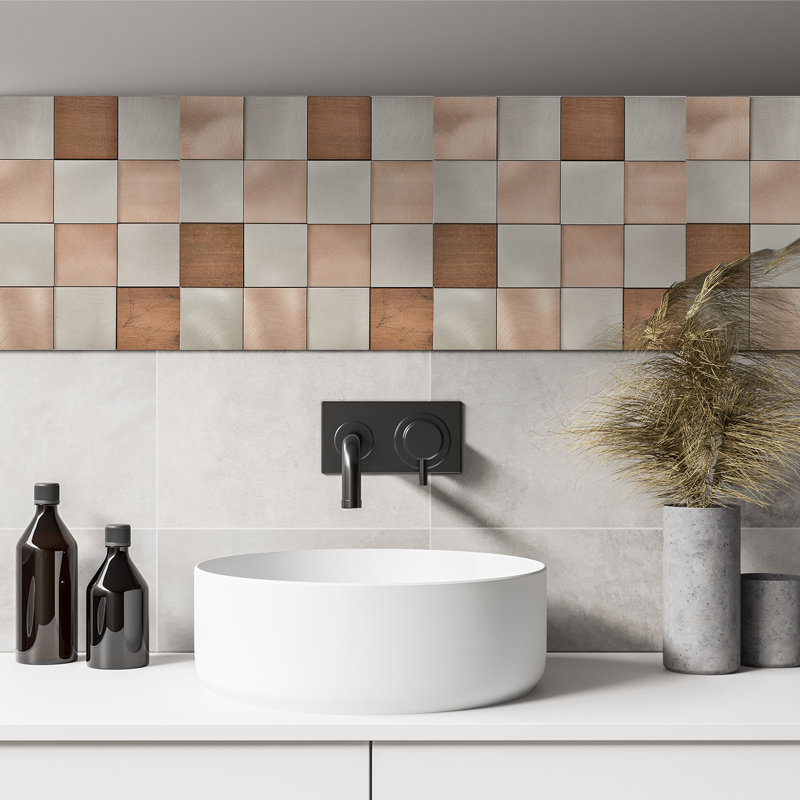 12" Copper and Silver Metal Mosaic Wall Tile