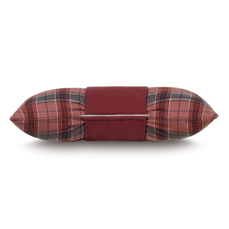 Red Plaid Cotton Lumbar Pillow with Chevron Cuff