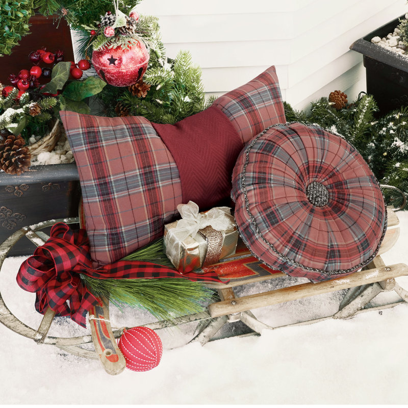 Red Plaid Cotton Lumbar Pillow with Chevron Cuff