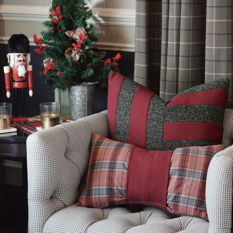 Red Plaid Cotton Lumbar Pillow with Chevron Cuff