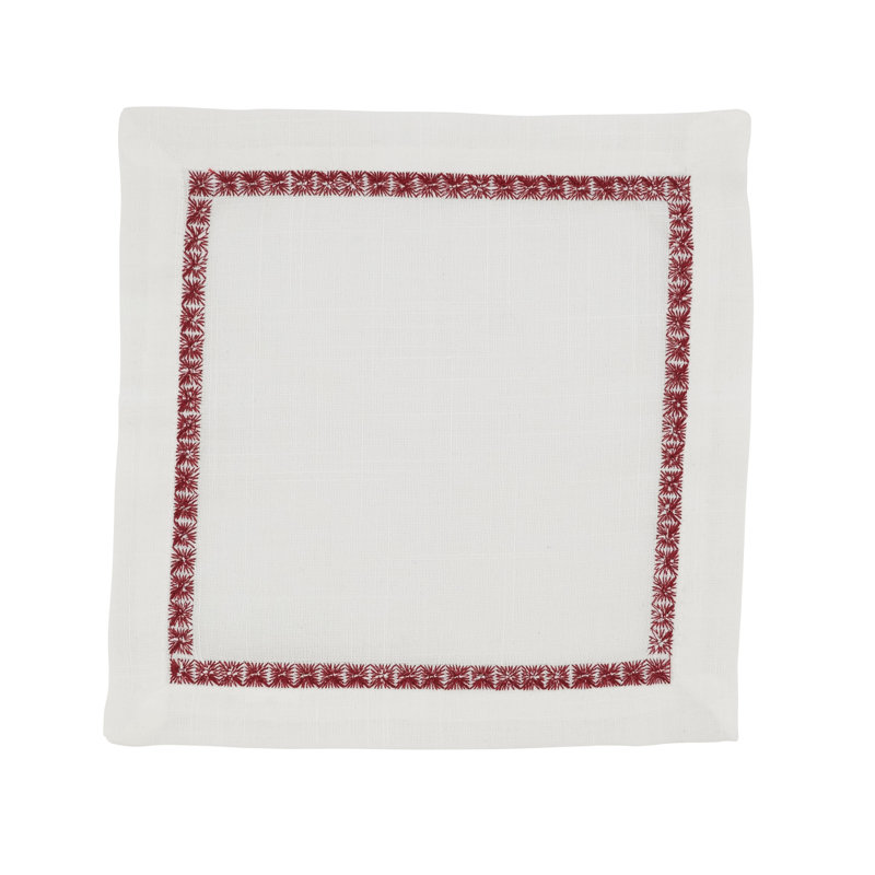 Burgundy Embroidered Border Polyester Cocktail Napkins, Set of 4