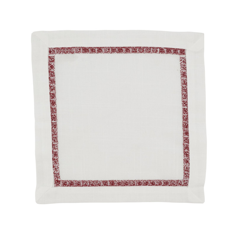 Burgundy Embroidered Border Polyester Cocktail Napkins, Set of 4