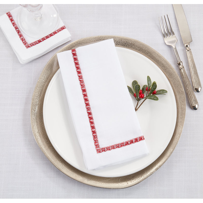 Burgundy Embroidered Border Polyester Cocktail Napkins, Set of 4