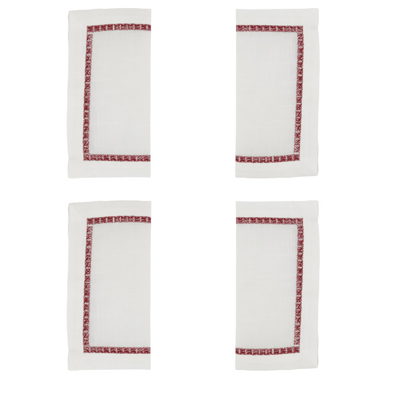 Burgundy Embroidered Border Polyester Cocktail Napkins, Set of 4