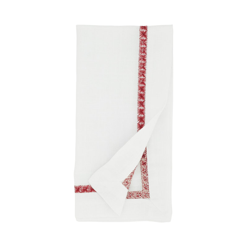 Burgundy Embroidered Border Polyester Cocktail Napkins, Set of 4