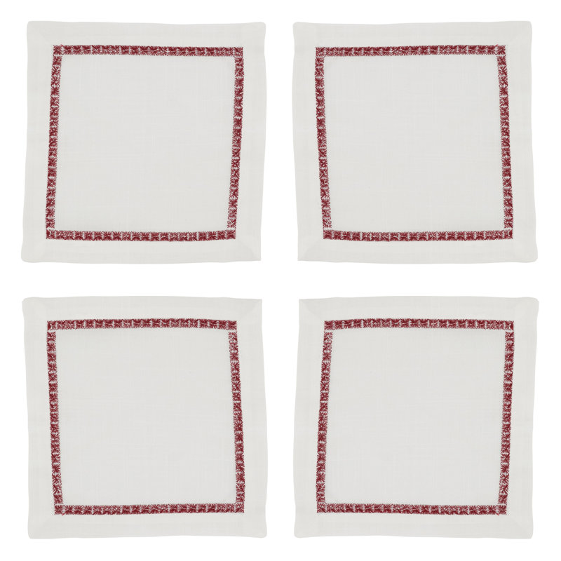 Burgundy Embroidered Border Polyester Cocktail Napkins, Set of 4
