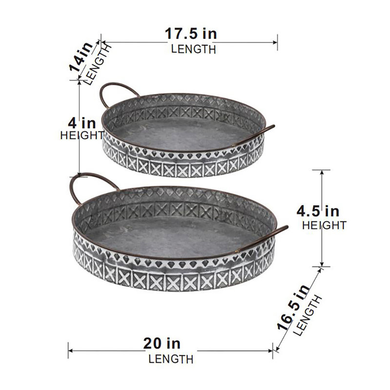 Gray and White Iron Round Trays with Handles - Set of 2