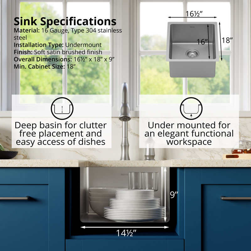 Satin Brushed Stainless Steel Single Bowl Undermount Kitchen Sink