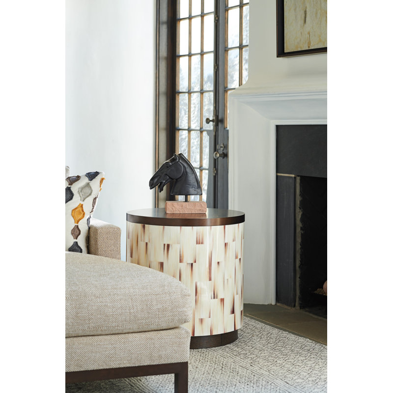 Crescent Commode Round Chairside Table in Brown/Cream with Metal Top