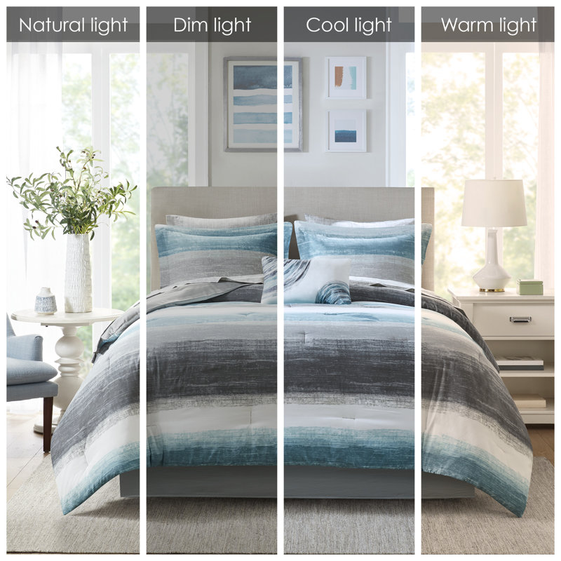 Aqua and Gray Twin Microfiber 7-Piece Reversible Bed Set