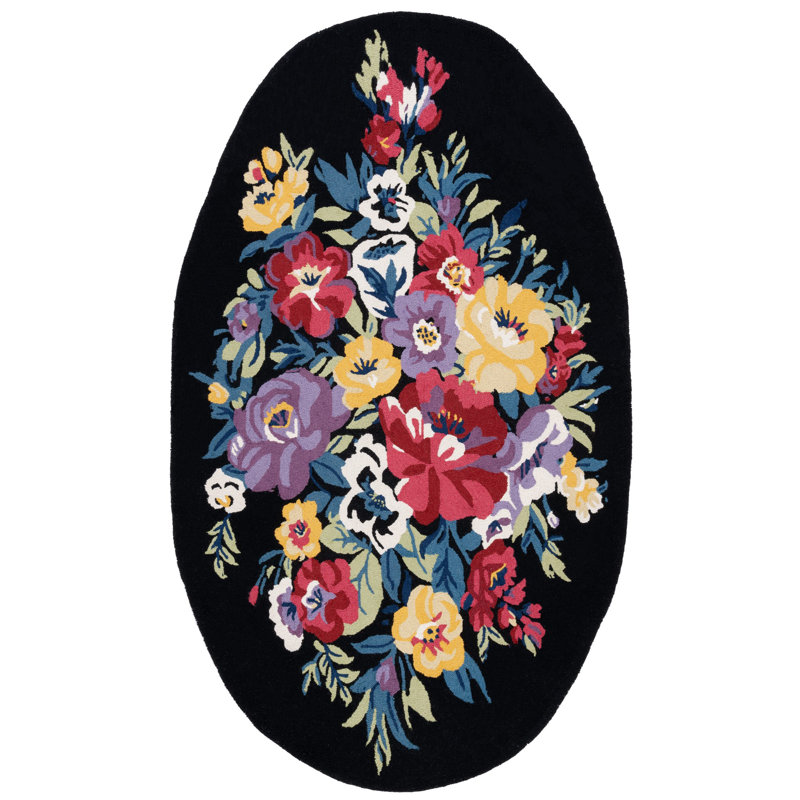 Handmade Chelsea Floral Black Wool Oval Rug - 4' x 6'