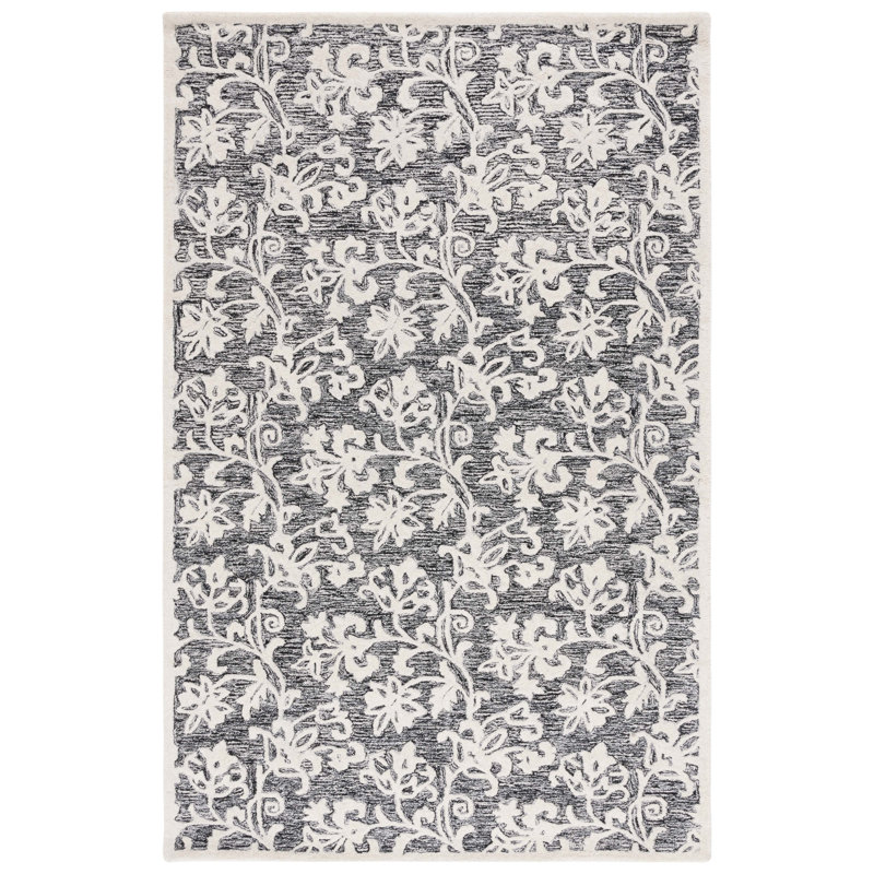 Black and Ivory Floral Hand-Tufted Wool Area Rug