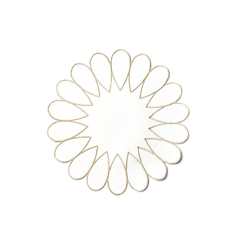 White and Gold Scalloped Cotton Linen Round Placemats, Set of 4