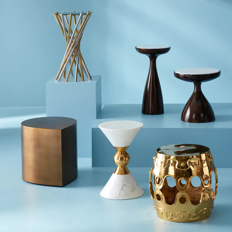 Gold Hand-Polished Metal Sculptural Round End Table