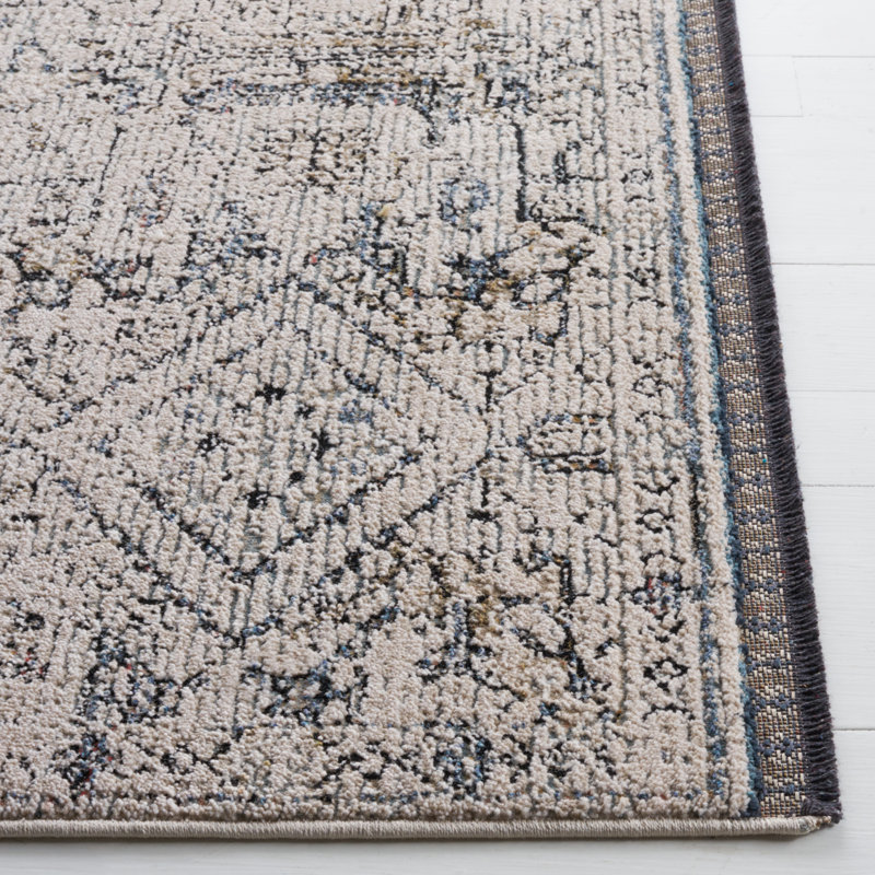 Ivory and Navy Hand-Knotted Wool Area Rug
