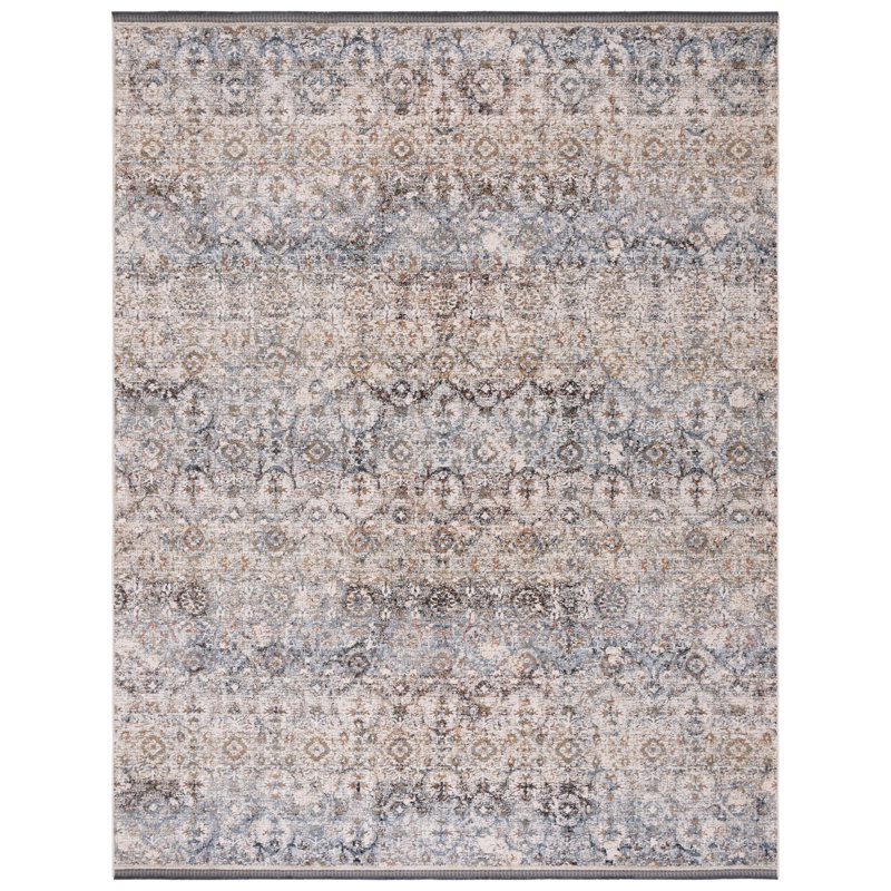 Ivory and Navy Hand-Knotted Wool Rectangular Rug