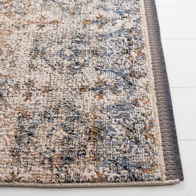 Ivory and Navy Hand-Knotted Wool Rectangular Rug